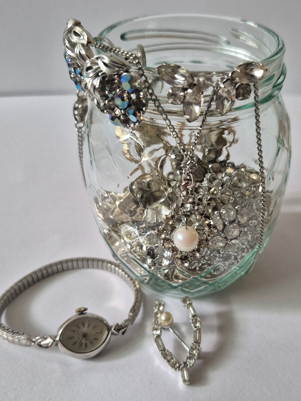 Mystery Jewelry Jar - All Silver - Necklaces, Earrings, Pins, Watch